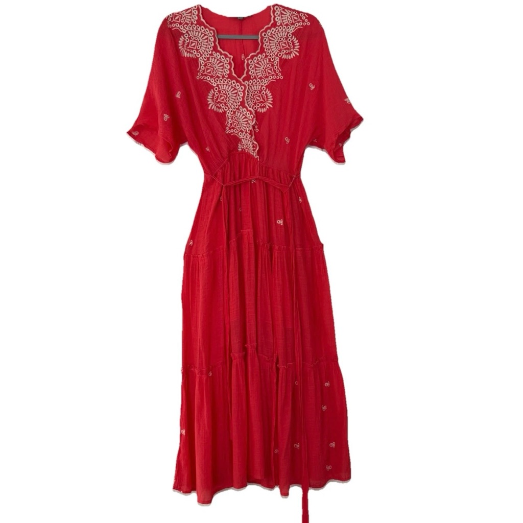 Figueroa & Flower Embroidered Boho Tiered Maxi Dress, Sz L